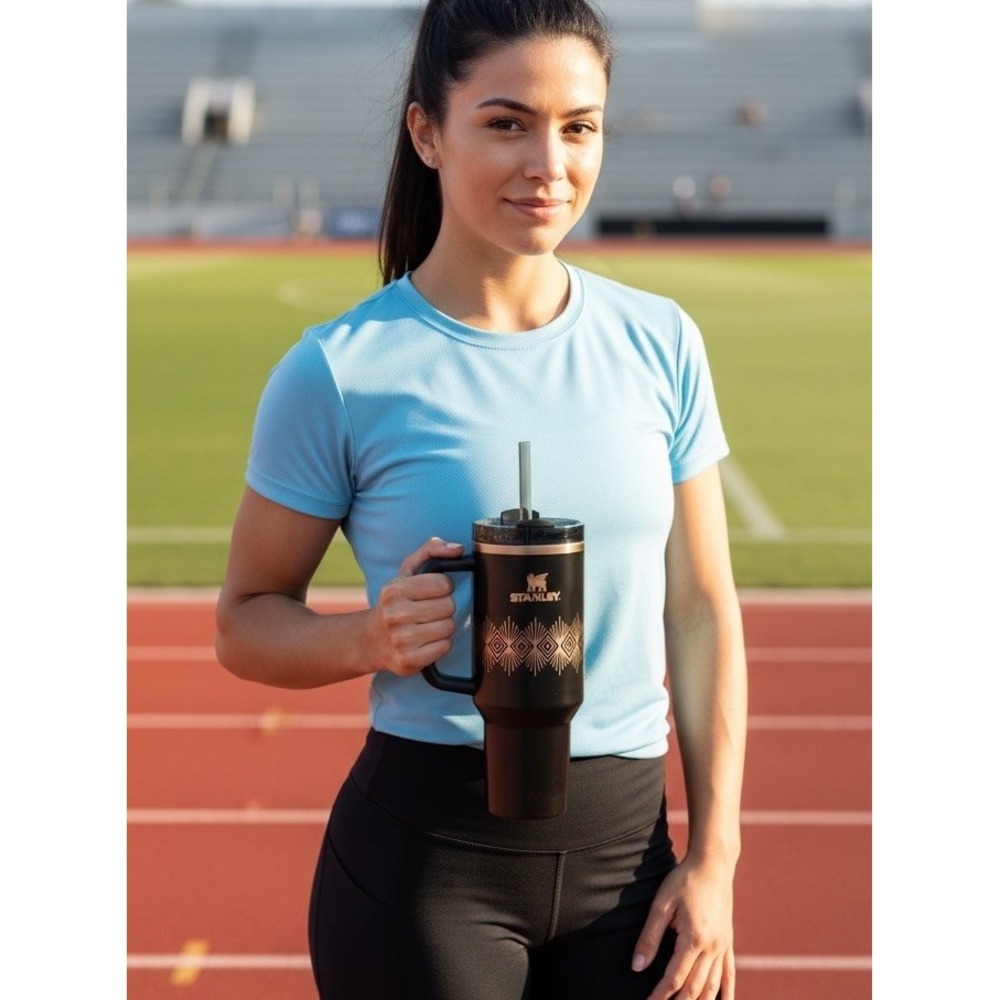 Stanley 40 Oz ( New In Box ) Tumbler Sleek Black & Gold Handle Straw Vehicle